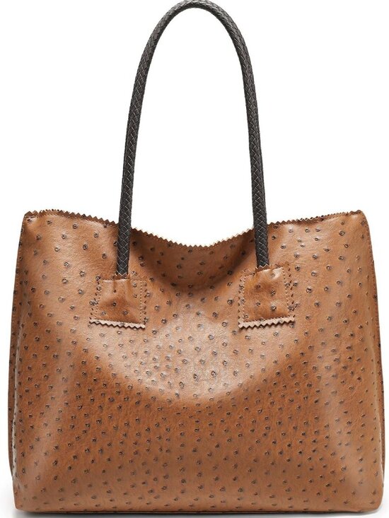 Handbags - Stylish Large Tote Bag for Women - Ostrich Leather Shoulder Handbag with Pouch